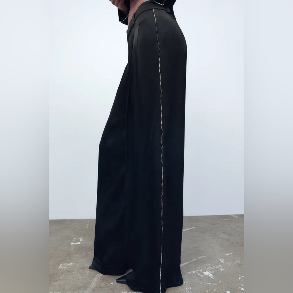New with Tags Zara Black Satin Effect Pleated Pants with Rhinestone Detail